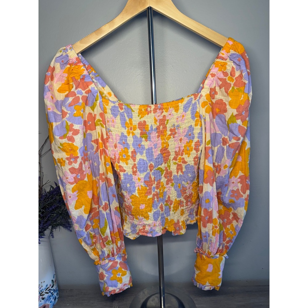 Free People Smocked Floral Puff Sleeve Blouse Orange Purple XS